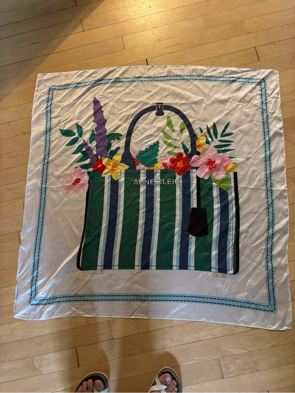 Anne Klein Green & Navy Striped Tote Scarf with Floral Pop